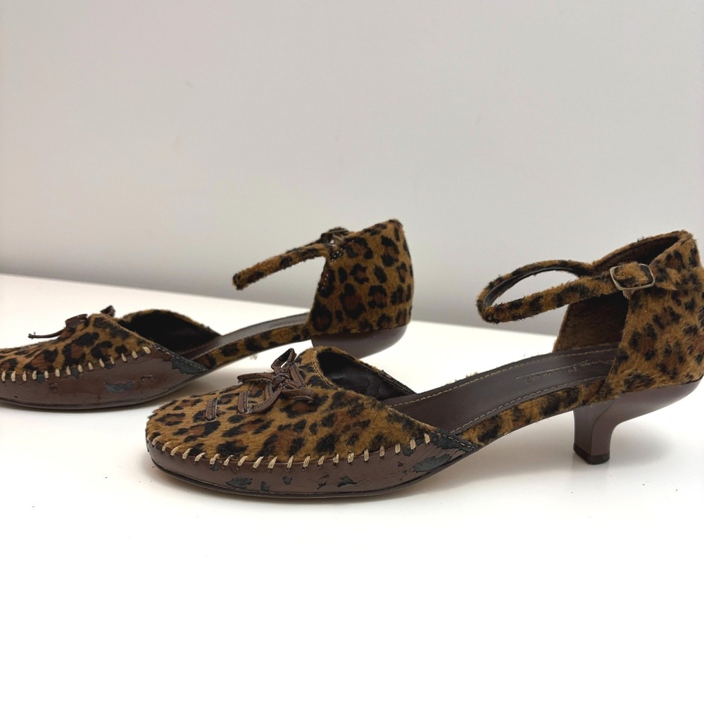 Anne Michelle Heels Leopard Print Faux Fur Ankle Strap Brown Size 8.5
